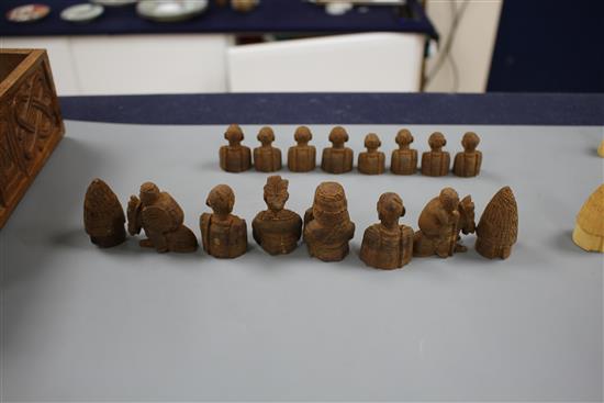 An East African carved wood chess set, kings 5cm, in carved hardwood box, possibly from The Cameroon